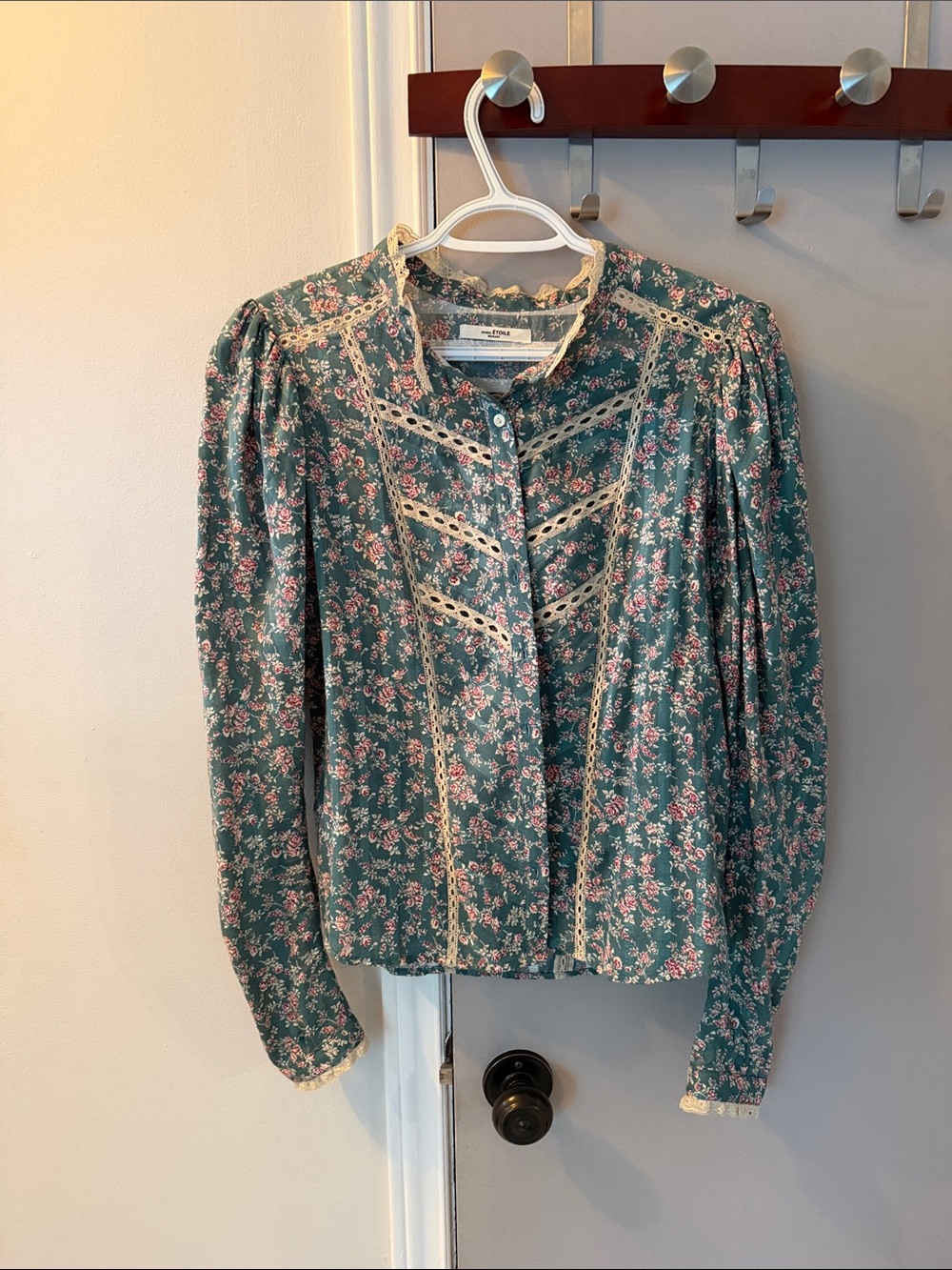 Isabel Marant Green Floral Lace-Trim Button-Up Blouse with puff sleeves